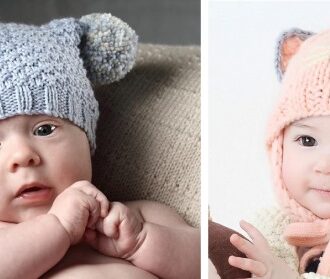 Вязаные детские шапки спицами с ушками, зимние, для новорожденных